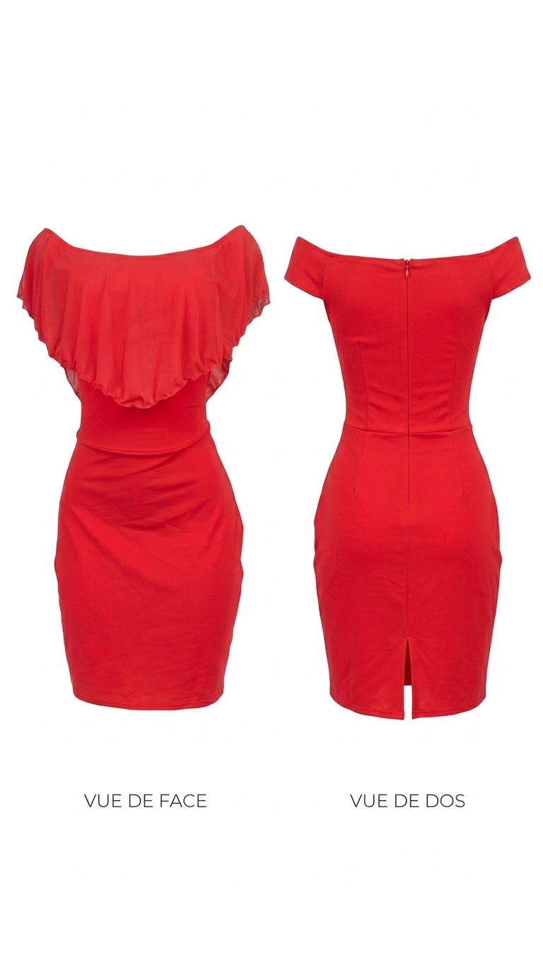 Robe Courte Rouge Épaules Dénudées avec Volant – Image 2