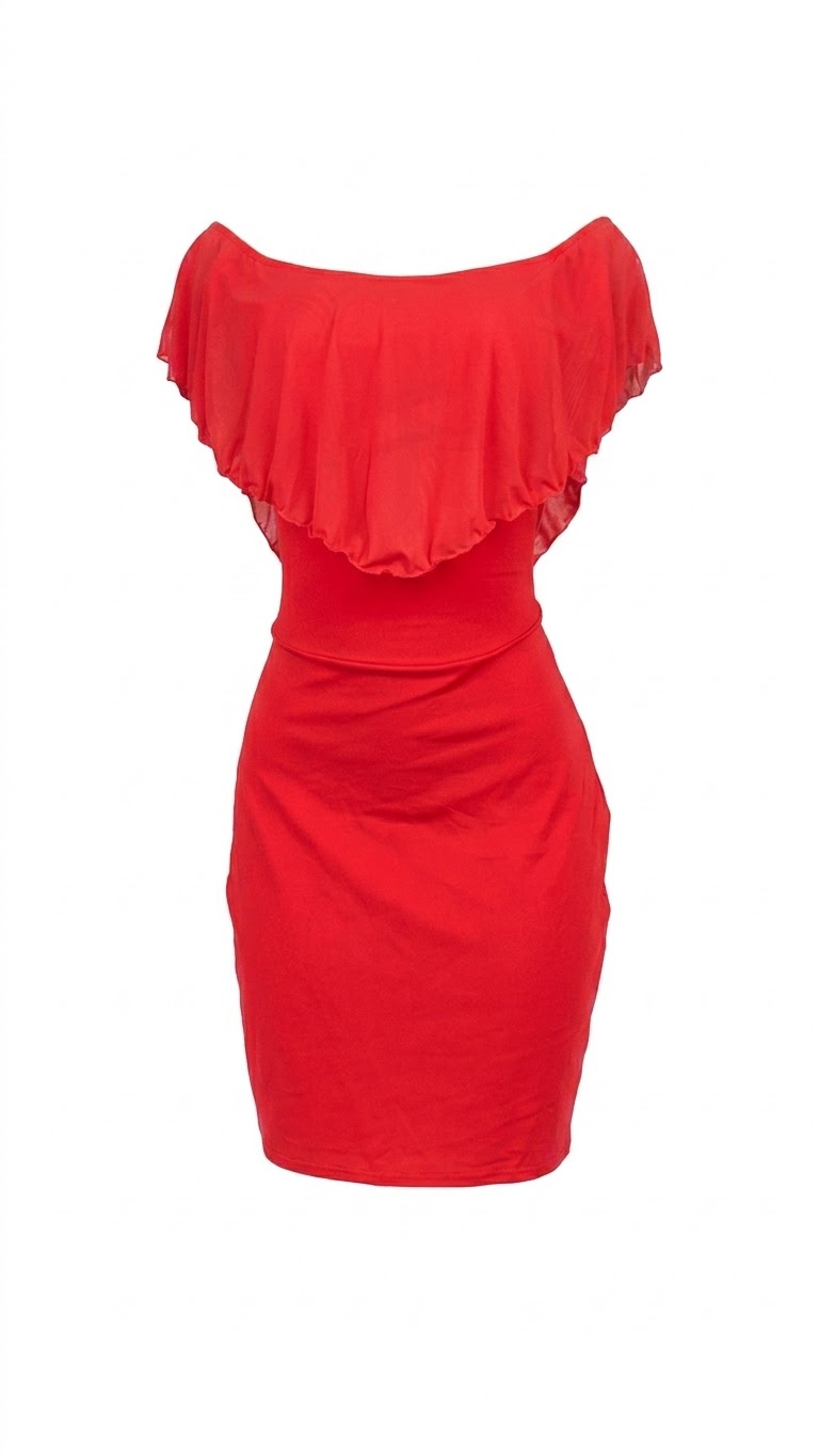 Robe Courte Rouge Épaules Dénudées avec Volant