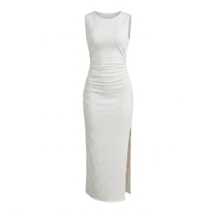 Robe Longue Blanche Sans Manches à Fronces et Fente