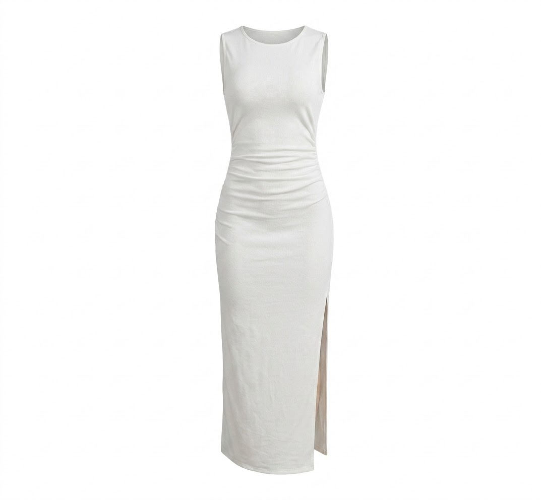 Robe Longue Blanche Sans Manches à Fronces et Fente