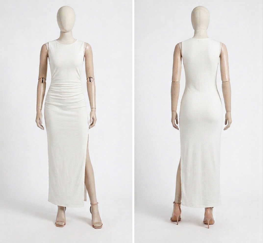 Robe Longue Blanche Sans Manches à Fronces et Fente – Image 2