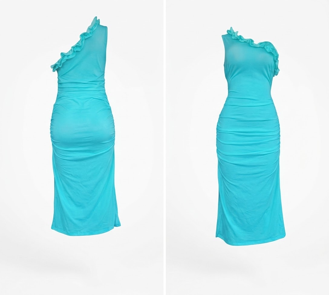 Robe Midi Turquoise Asymétrique à Fronces – Image 3