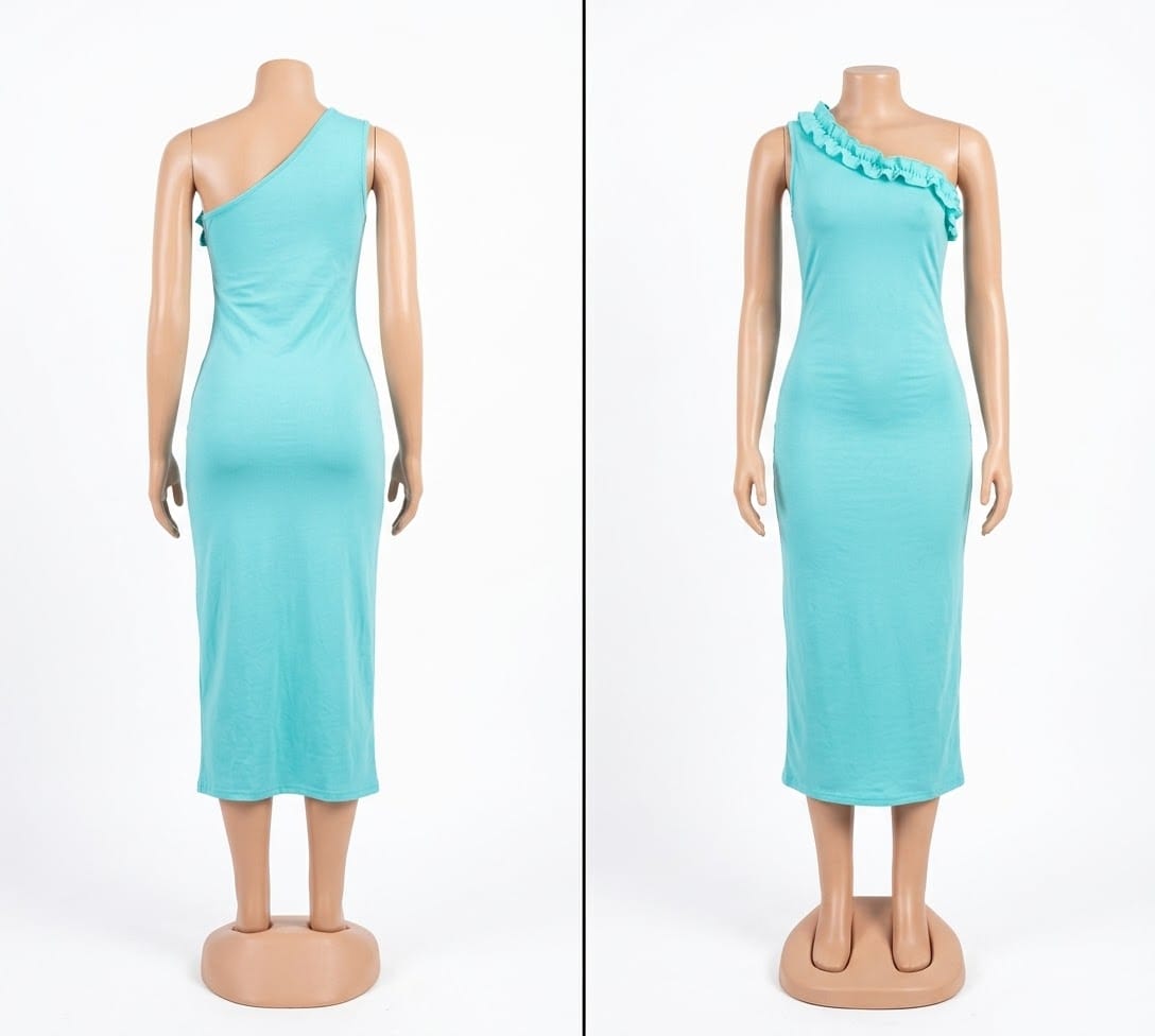 Robe Midi Turquoise Asymétrique à Fronces – Image 2