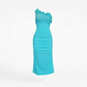 Robe Midi Turquoise Asymétrique à Fronces