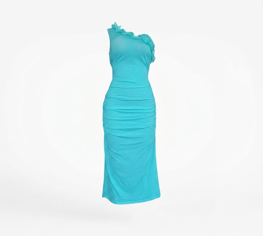 Robe Midi Turquoise Asymétrique à Fronces